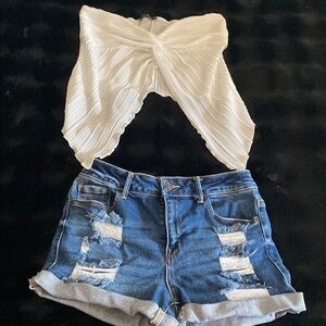 White Pleated Top and Distressed Denim Shorts